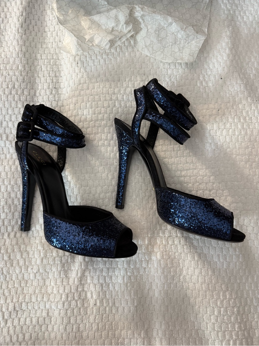 Gucci Blue Glitter Open-Toe Ankle-Strap Heels - Picture 3 of 9